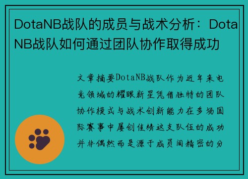 DotaNB战队的成员与战术分析：DotaNB战队如何通过团队协作取得成功