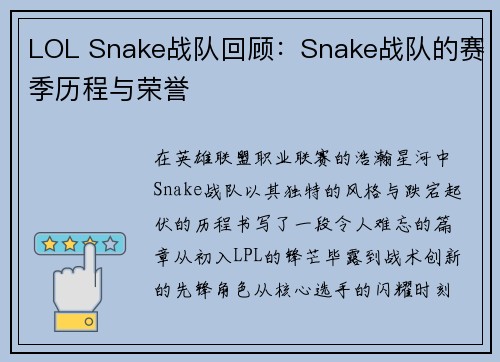 LOL Snake战队回顾：Snake战队的赛季历程与荣誉